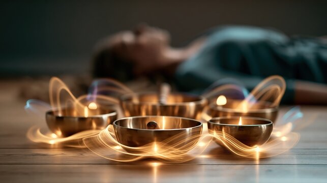 Tibetan singing bowls with glowing ethereal soundwaves during a sound bath therapy session with a blurred person in the background.