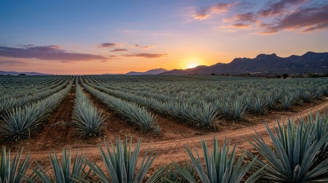 Vast field blue agave plants long Mexican landscape for tequila production