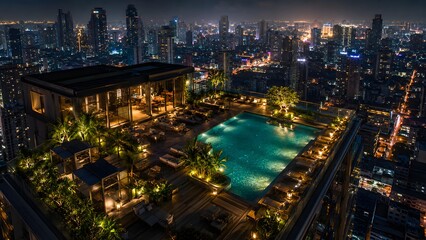 Fototapeta premium Night City Rooftop Infinity Pool Terrace With Luxury Lounge And Illuminated Urban Skyline
