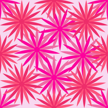 Floral seamless pattern pink magenta retro starburst flowers with petals, soft pink pastel background. Modern abstract botanical repeat with vibrant colors, geometric, fashion stylish design, vector
