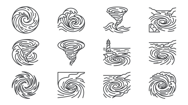 Abstract tornado whirlwind and water swirl line icons.