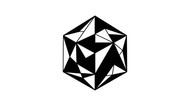 Black and white low poly hexagonal sphere graphic.