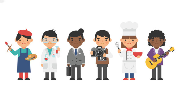 Group of diverse individuals representing different professions such as artist scientist businessman photographer chef and musician.