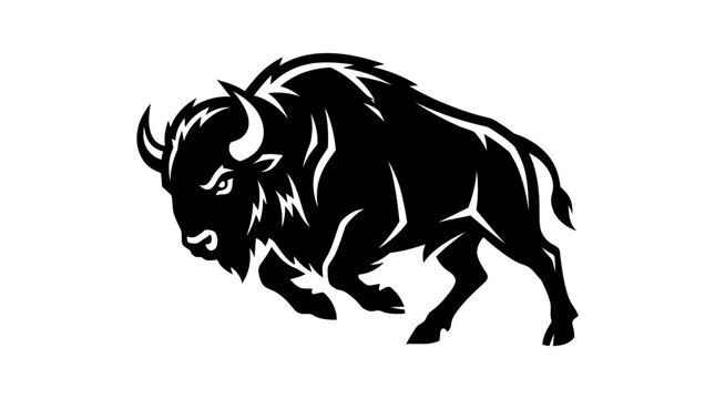 Black silhouette of powerful charging bison mascot