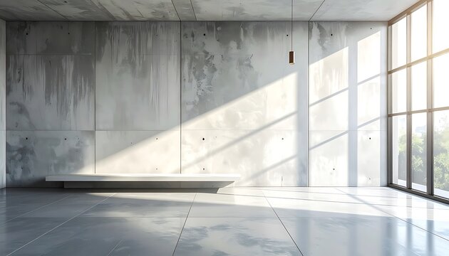 A large, empty room with a concrete wall and floor, featuring a built-in platform and large windows that let in natural light