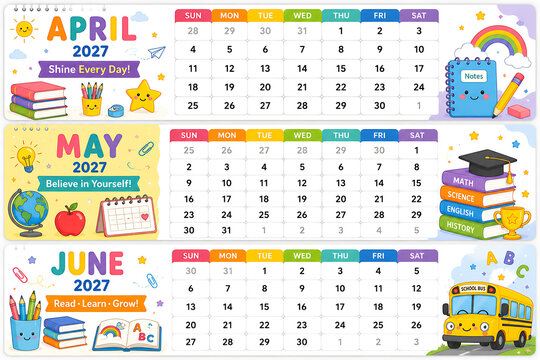 Cute Kids School-Themed Calendar 2027 for April to June, Colourful Monthly Planner with Fun Academic Illustrations