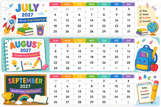 Cute Kids School-Themed Calendar 2027 for October to December, Colourful Monthly Planner with Holiday and Academic Illustrations
