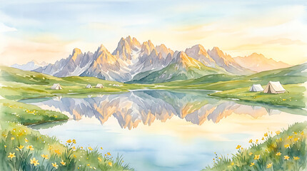 Obraz premium Watercolor painting of serene mountain lake with reflection and wildflowers