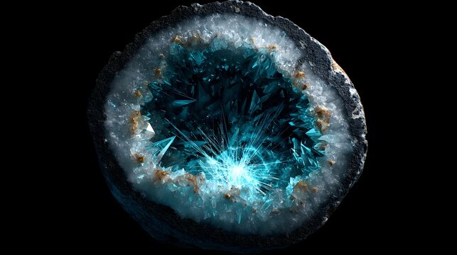 Glowing blue geode cross section with crystalline structure with structure featuring dark dark exterior white glowing spherical close up mineralogy