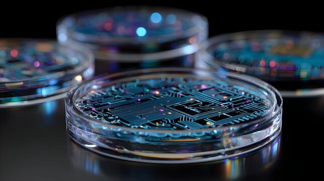Transparent cryptocurrency tokens with circuit board designs with designs colorful reflections reflections dark surface four transparent glass