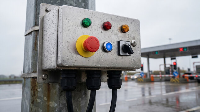 Weatherproof control panel with emergency stop, lights and switch at toll booth for traffic and highway safety