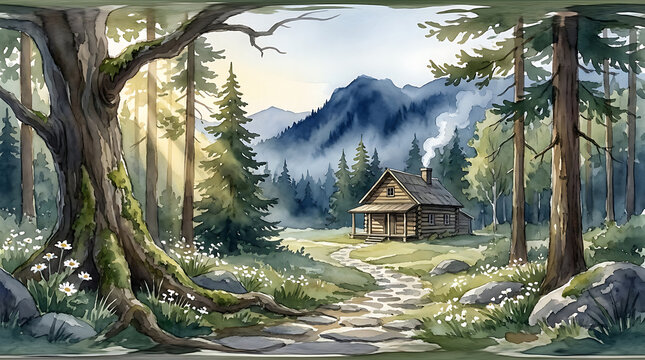 Cozy wooden cabin in misty pine forest mountain watercolor landscape