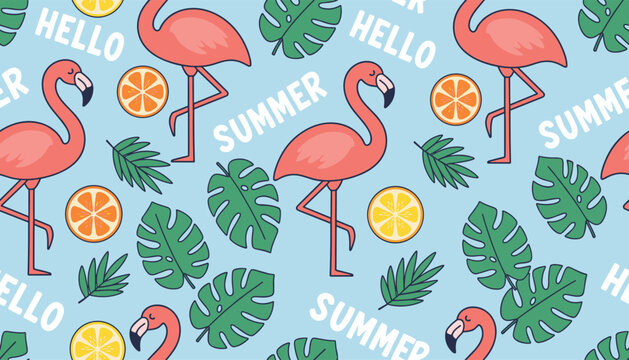 Seamless summer pattern featuring pink flamingos orange slices green tropical leaves and the text hello summer.