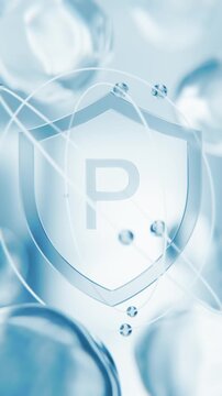 Bioflavonoids Vitamin P blue shield symbol in 3D animation. Rutin capillary protection molecular structure background with transparent liquid cells for vascular medical video