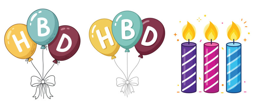 Colorful birthday balloons with hbd letters and glowing candles set for party celebration