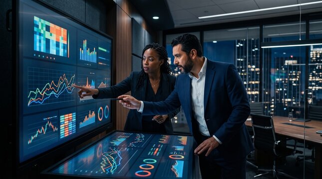 Professional business partners examining complex financial market trends and colorful performance metrics on a large interactive office wall display at night.