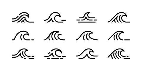 Fototapeta premium Collection of simple, modern wave icons in black and white outline style.