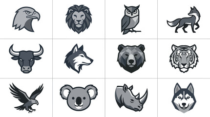 Collection of stylized wild animal head icons. © nuri