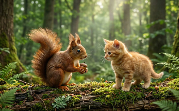 Surreal anime background style conceptual art of a cute wild squirrel holding an acorn and a small ginger tabby kitten interacting together on a mossy fallen log in a sunlit fores
