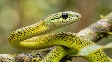 Fototapeta premium A green snake is coiled on a tree branch in a natural setting looking sideways.