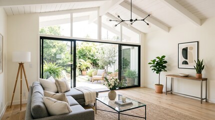 Fototapeta premium A modern living room with a sofa, coffee table, and plants overlooking a garden through large glass doors.