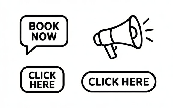 Call to action elements: book now speech bubble, megaphone, and click here buttons