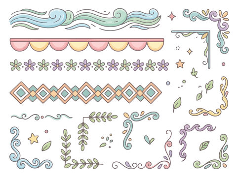 Collection of cute pastel hand-drawn borders and corners