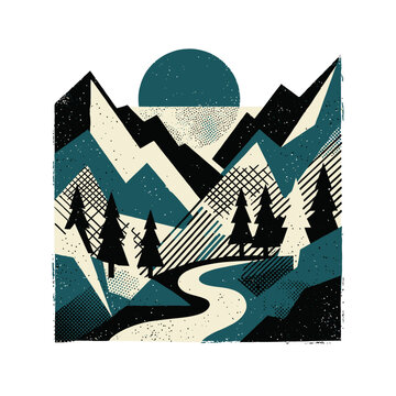 A geometric mountain landscape with a winding path