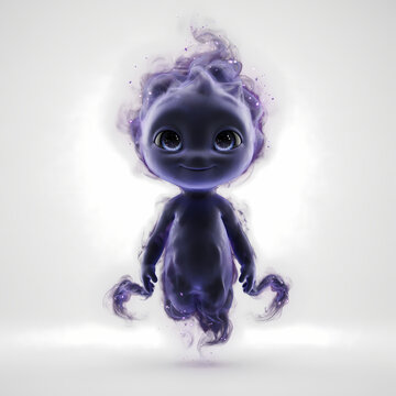 Whimsical Spirit Creature: A charming, ethereal being with a translucent, smoky body and large, expressive eyes floats serenely, radiating a gentle, mystical aura.