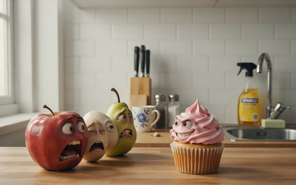 Angry Cupcake Confrontation: A group of anthropomorphic fruits, an apple, a pear, and a egg, stare in horror at an menacing cupcake with a devilish grin, in a kitchen setting.
