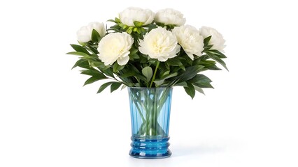 Obraz premium Fresh white roses bouquet in clear glass vase with blue base on white background
