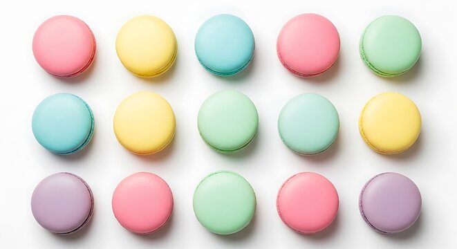 Top view of colorful macarons arranged in rows isolated on white background