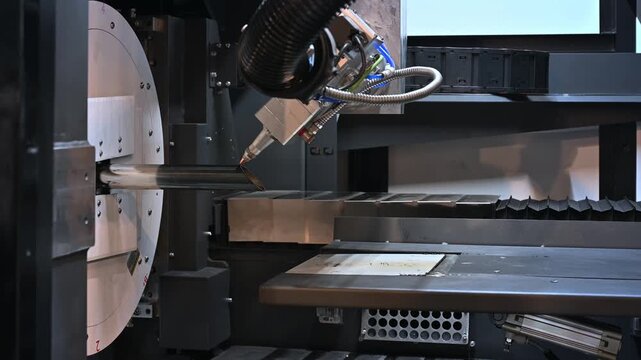 Automated CNC laser cutting intricate patterns into tube metal, showcasing precision engineering. Modern industrial fabrication for high precision manufacturing and automation.