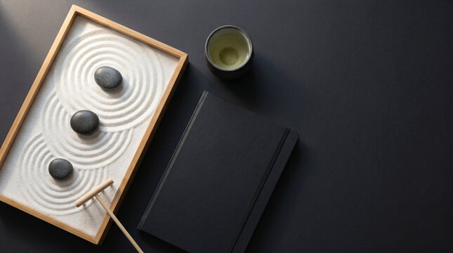 Zen desktop rock garden with notebook and green tea on dark background mindful business