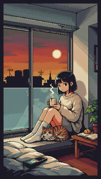 Cozy Evening Solitude: A young woman and her cat enjoy a warm beverage by the window, watching the sunset over a city skyline, embodying peaceful comfort and domestic bliss.