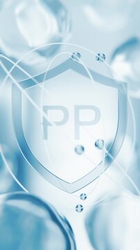 Nicotinamide Vitamin PP blue shield symbol in 3D animation. Niacinamide cellular metabolism molecular structure background with transparent liquid cells for dermatology video