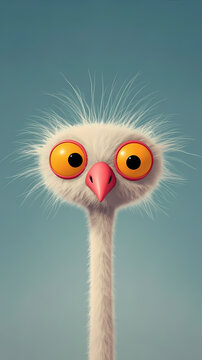 Whimsical Ostrich Portrait: A quirky cartoon ostrich with wide, staring eyes and fluffy feathers looks curiously into the camera against a soft blue sky, exuding a sense of playful wonder.