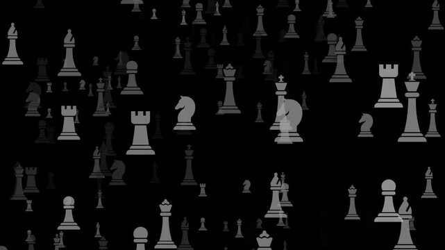Animation of a collection of chess pieces, which move and multiply, showing the concept of matches and games on a black background; 4K videos.