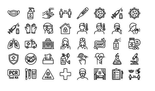 Coronavirus Protection Line Icons Set with Healthcare Safety, Symptoms, Prevention, Medical Hygiene and Editable Stroke Vector Collection
