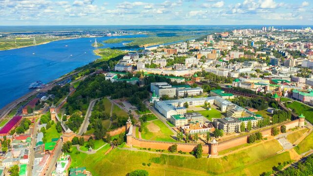Nizhny Novgorod, Russia. Panorama of the Kremlin from the air, Drone footage Hyperlapse