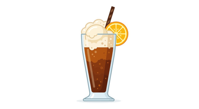 Summer root beer float with vanilla ice cream and orange garnish