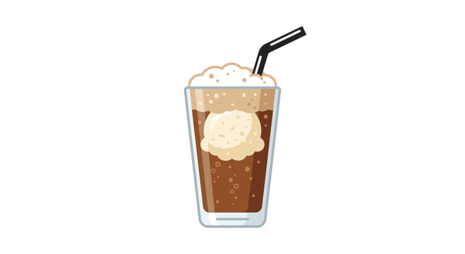 Summer root beer float with vanilla ice cream and black straw