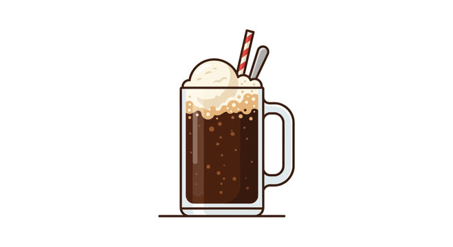 Summer root beer float with ice cream and striped straw in a mug
