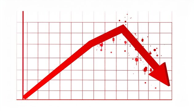 Red arrow plummets down on a red grid, splattered with spots