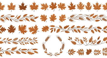 Autumn leaves and wheat decorative border elements © aldo