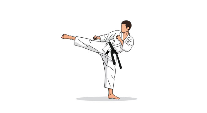 Male karate athlete in white uniform and black belt performing a dynamic side kick action isolated on white background
