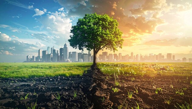 Split landscape, one half pristine with a city, the other half barren with a tree