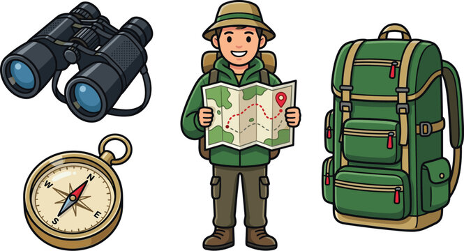 Camping adventure clipart collection featuring hiker backpack map binoculars compass and outdoor travel gear vector illustration set