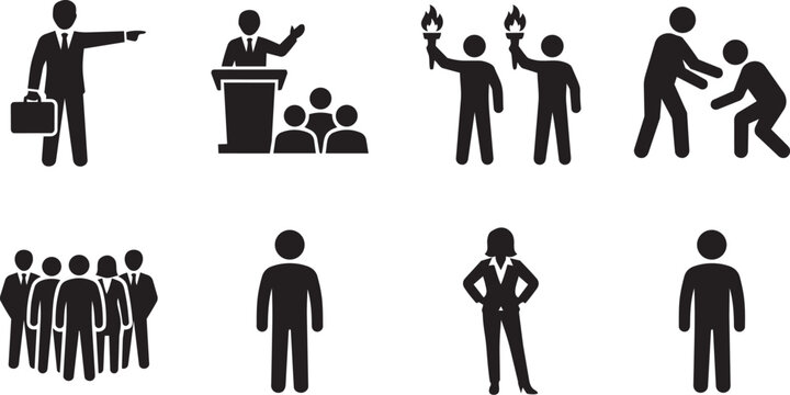 Set of black stick figure icons representing various professional business people and leadership roles in a minimalist flat vector style
