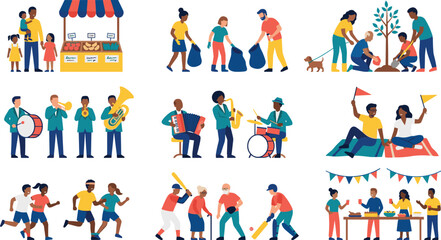 Fototapeta premium Community Activities and Social Events Collection Vector Illustration with Volunteers Sports Music and Family Activities